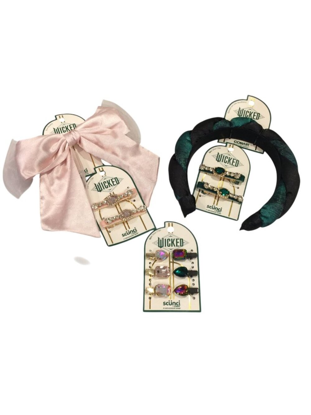 WICKED X Conair Pink Glinda Bow Clips Green Elphaba Satin Headband Salon Clips